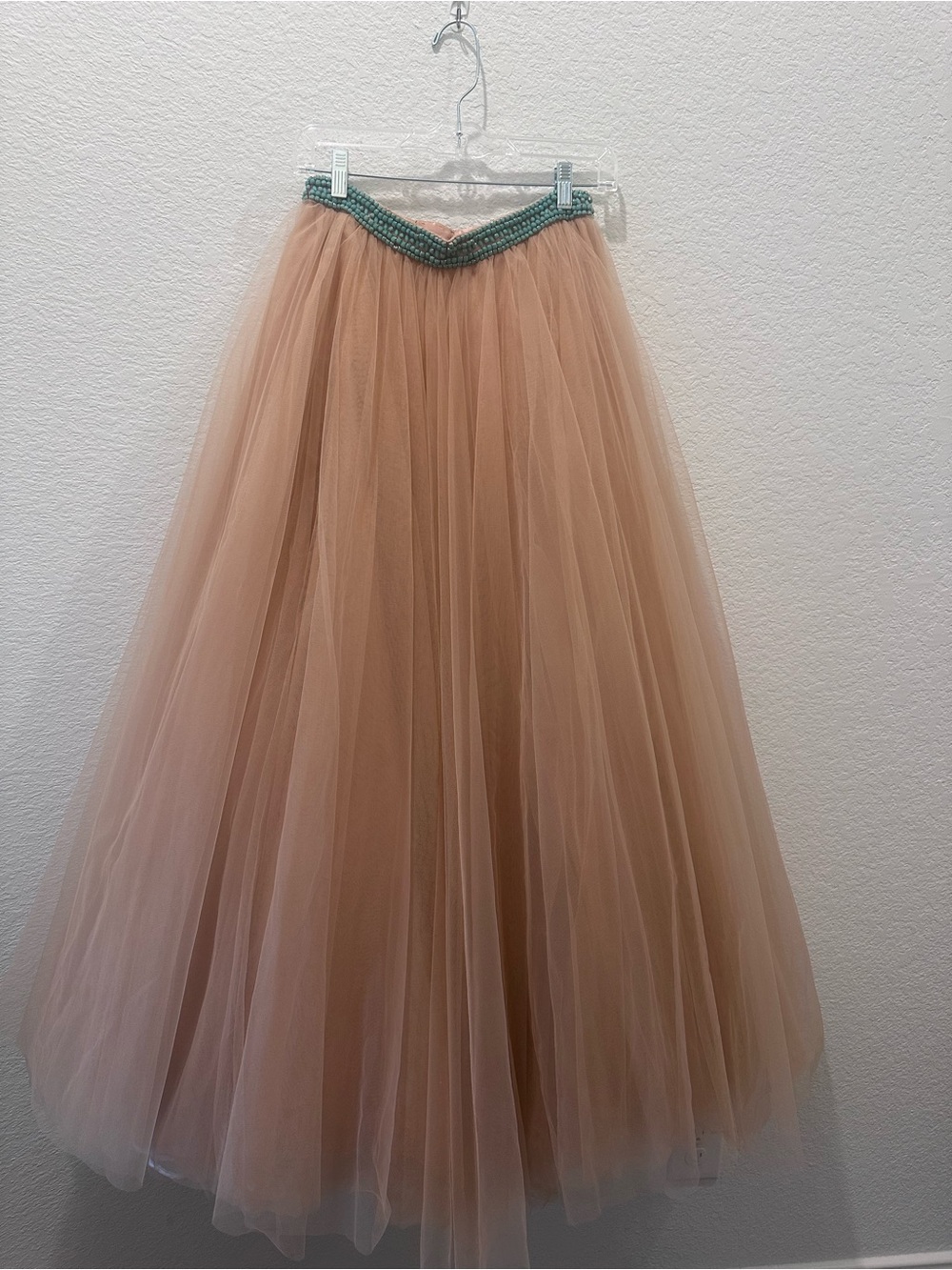 Sherri Hill Tulle Maxi Skirt Nude Turquoise‎ Beaded Waist Formal Ball Gown 8